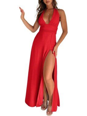 Women’s Sexy Halter Deep V Neck Sleeveless Backless High Split Maxi Summer Dress